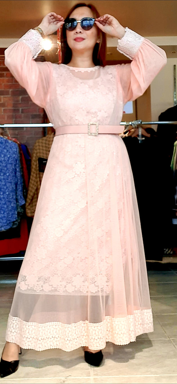 Pink Sheer Pattern Belted Long Dress