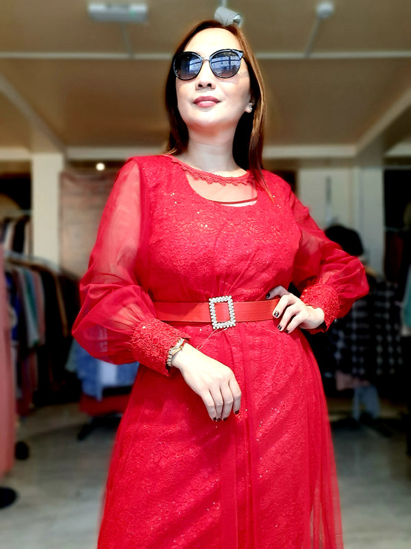Red Sheer Pattern Belted Long Dress