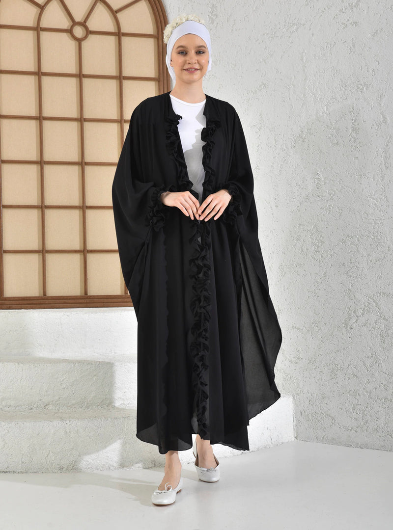 Black Ruffled Poncho Long Dress Abaya