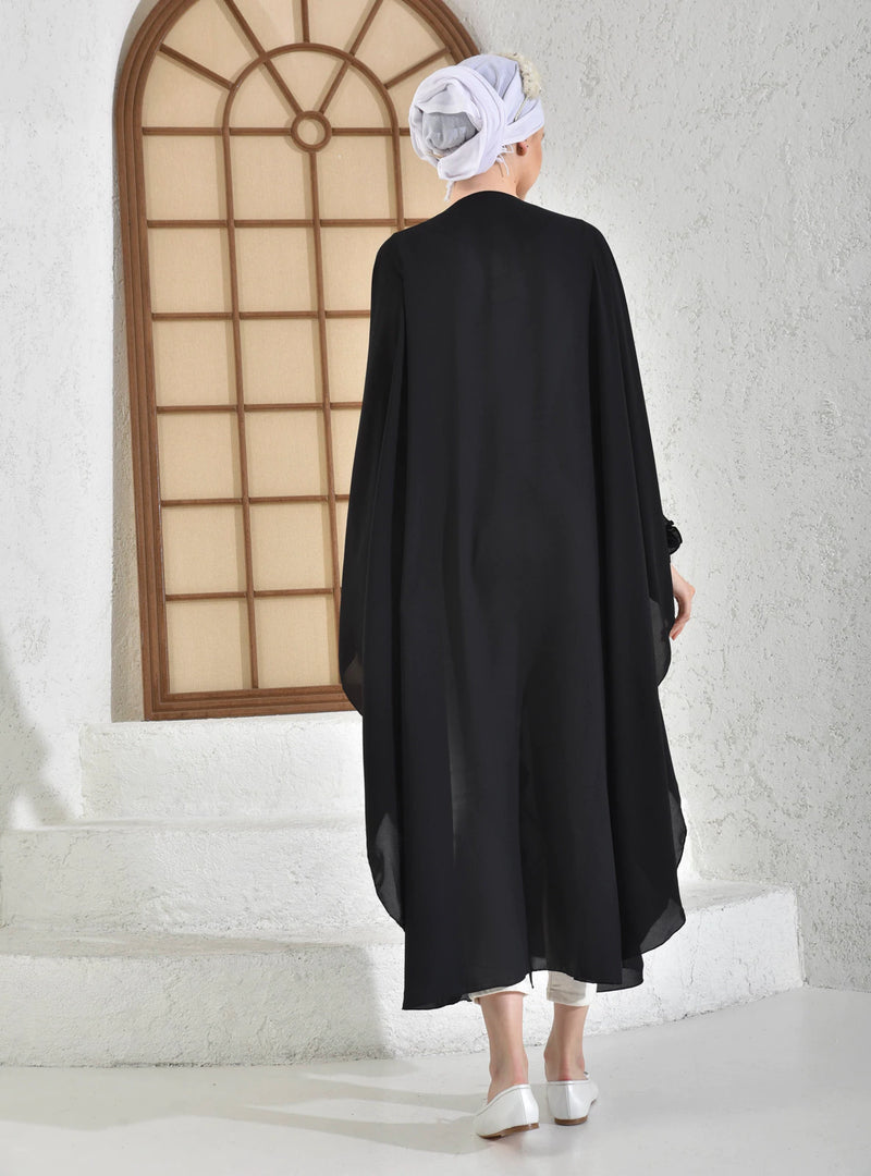 Black Ruffled Poncho Long Dress Abaya