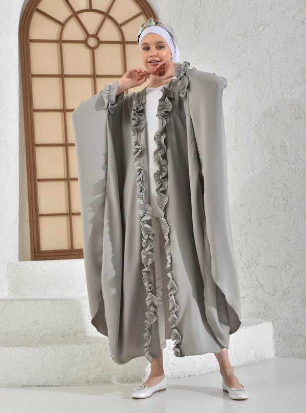 Grey Ruffled Poncho PLong Dress Abaya