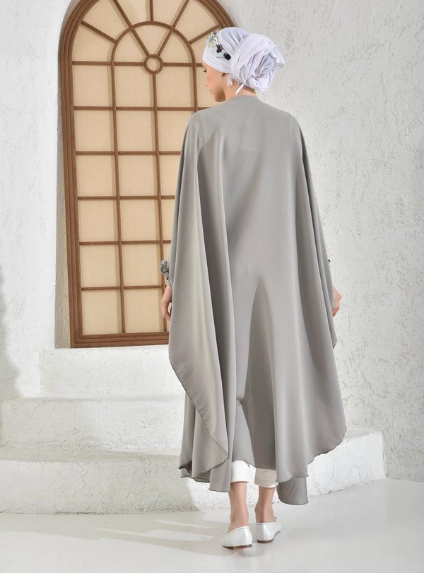 Grey Ruffled Poncho PLong Dress Abaya