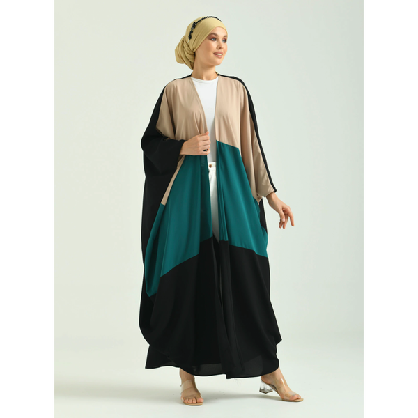 Green Tri- Color Poncho Long Dress Abaya