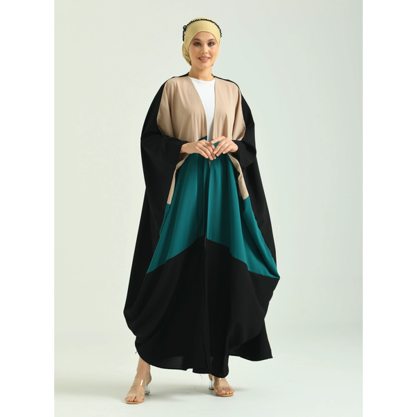 Green Tri- Color Poncho Long Dress Abaya