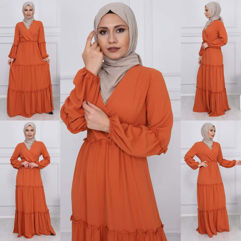Orange Ruffle Plain Long Dress