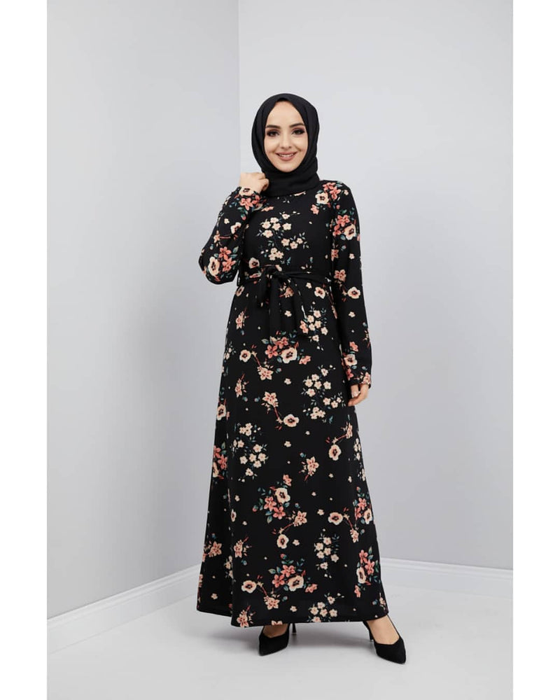 Black Belted Floral Long Dress