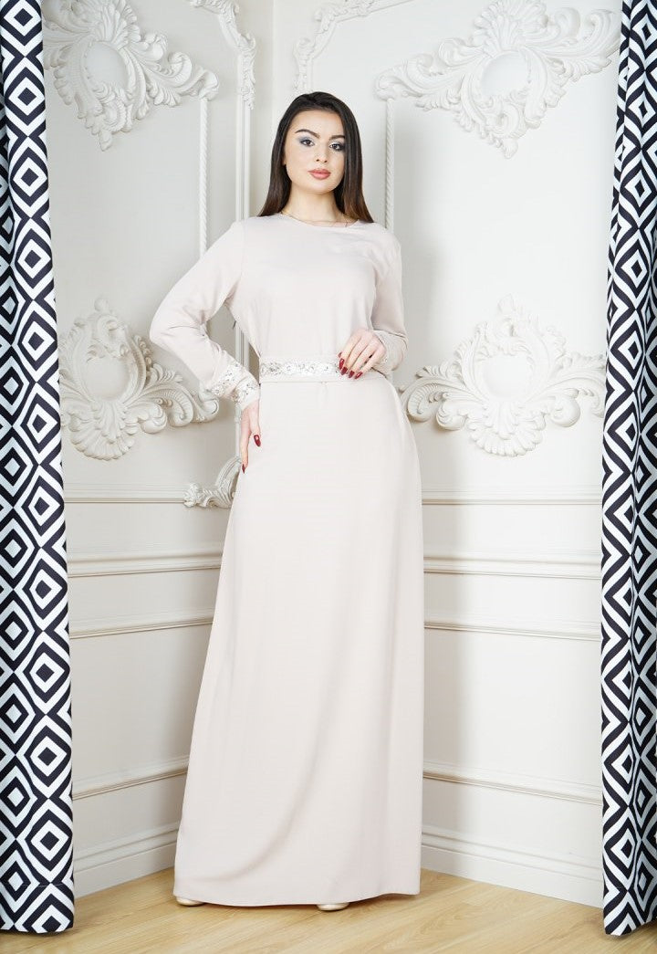 Beige Plain Belted Long Dress