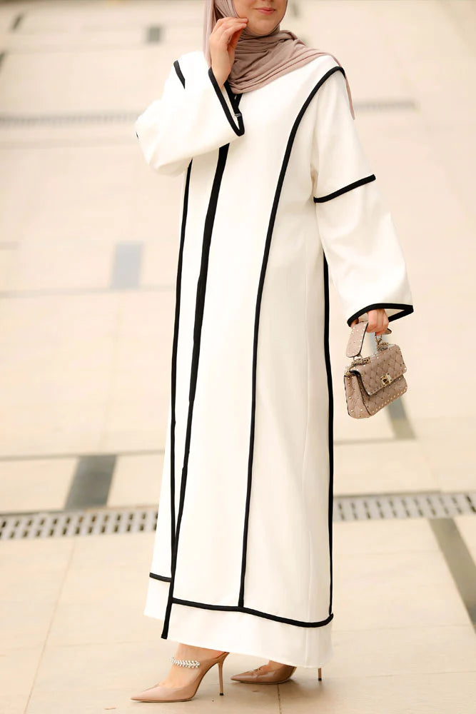 White Plain with Black Line Long Dress Abaya