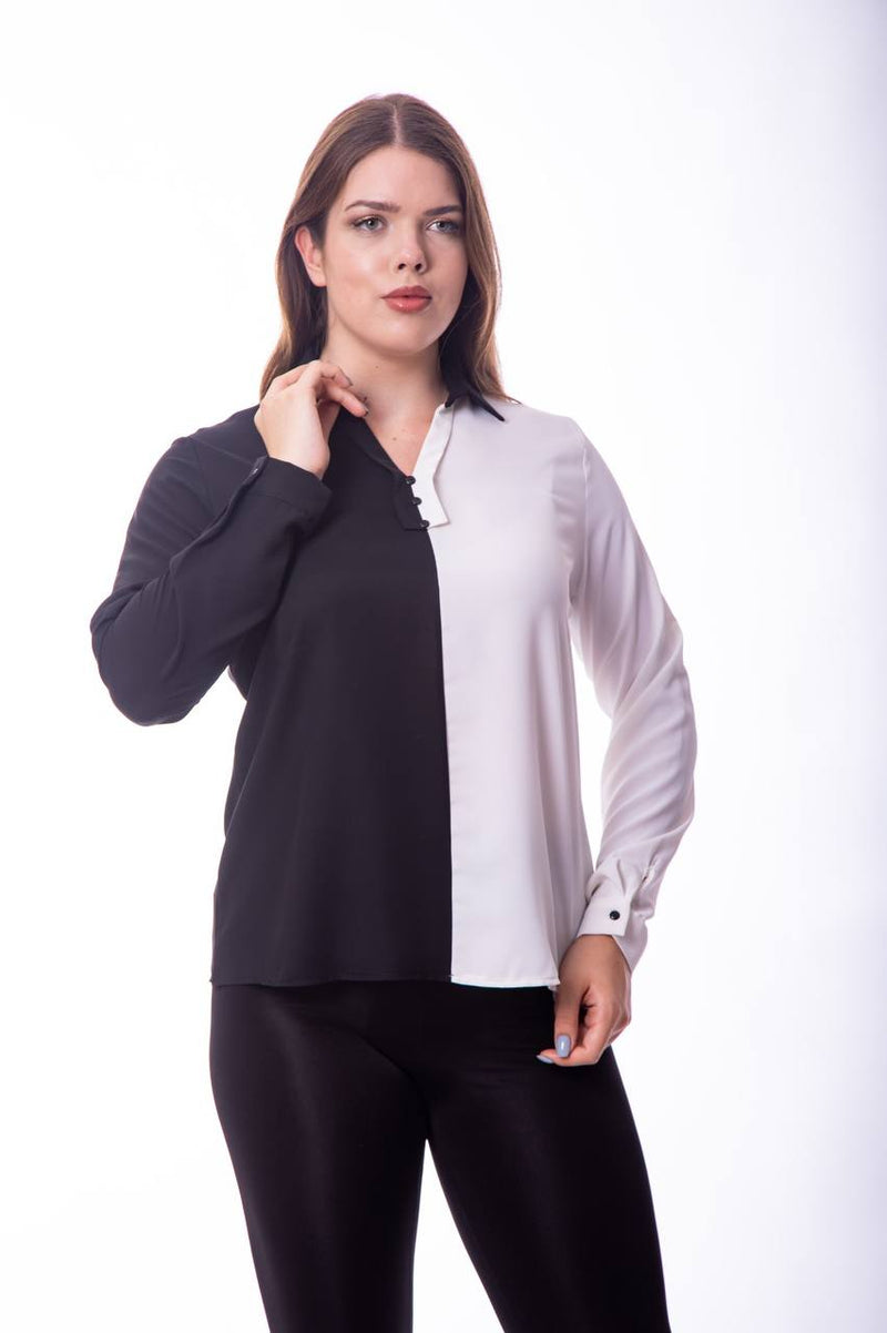 Two Tone Black and White Long Sleeve Blouse