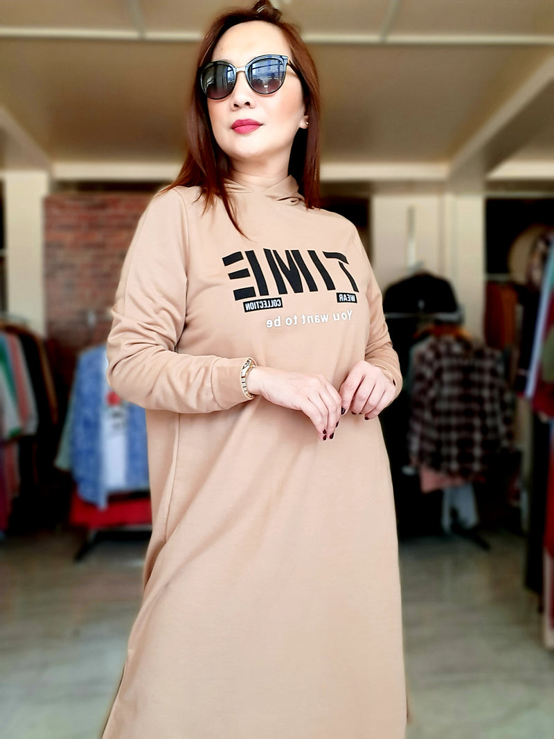 Beige Hoodie Sports Tunic "Time" Print