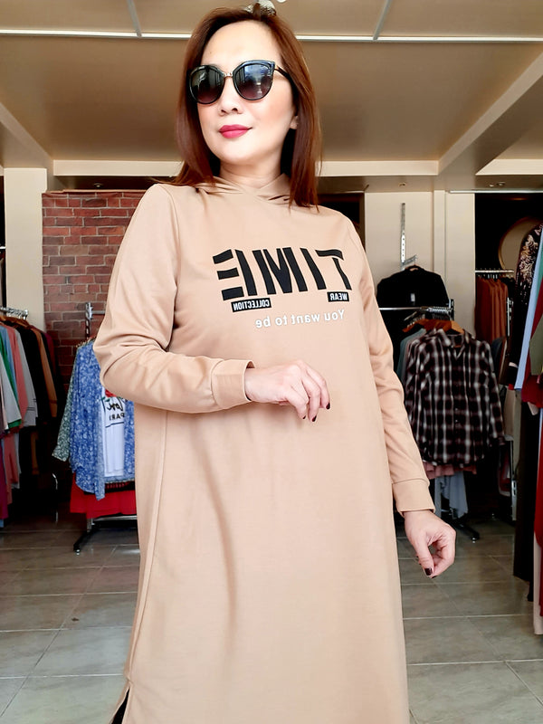 Beige Hoodie Sports Tunic "Time" Print