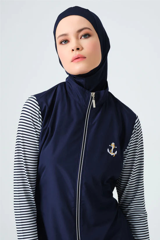 Dark Blue Striped Zippered 3-PC Swimsuit