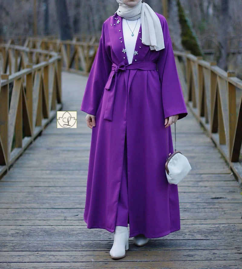 Purple Long Coat Belted  V-Collar Stone Formal Takim Suit