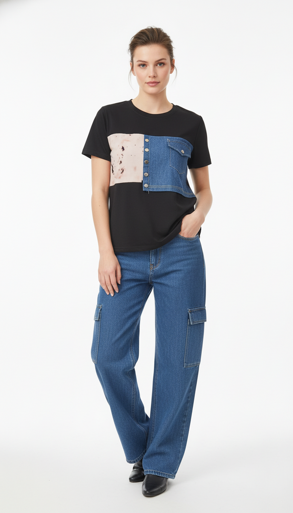 The Denim Patchwork Tee & Wide-Leg Jeans
