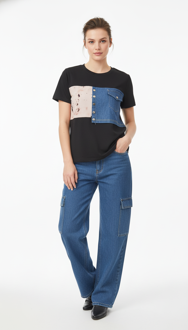 The Denim Patchwork Tee & Wide-Leg Jeans
