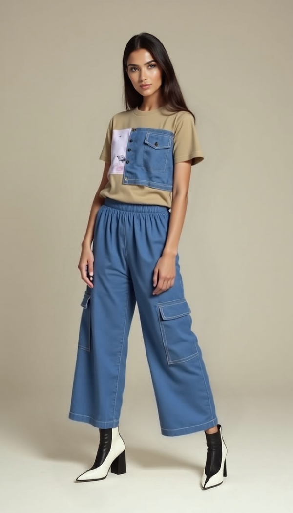 Denim Patchwork Tee & Wide-Leg Jeans
