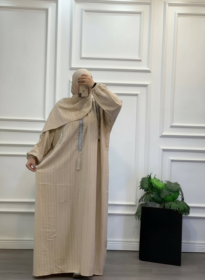Soft Striped Tassel Modest Abaya Set