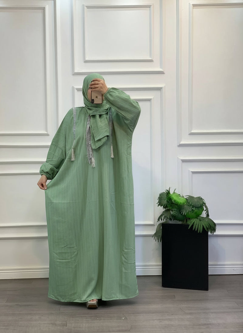 Soft Striped Tassel Modest Abaya Set
