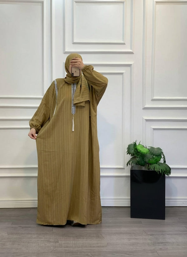 Soft Striped Tassel Modest Abaya Set