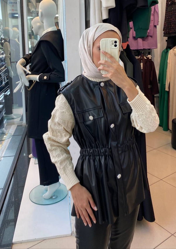 Soft-Touch Faux Leather Modest Vest and Trousers Set