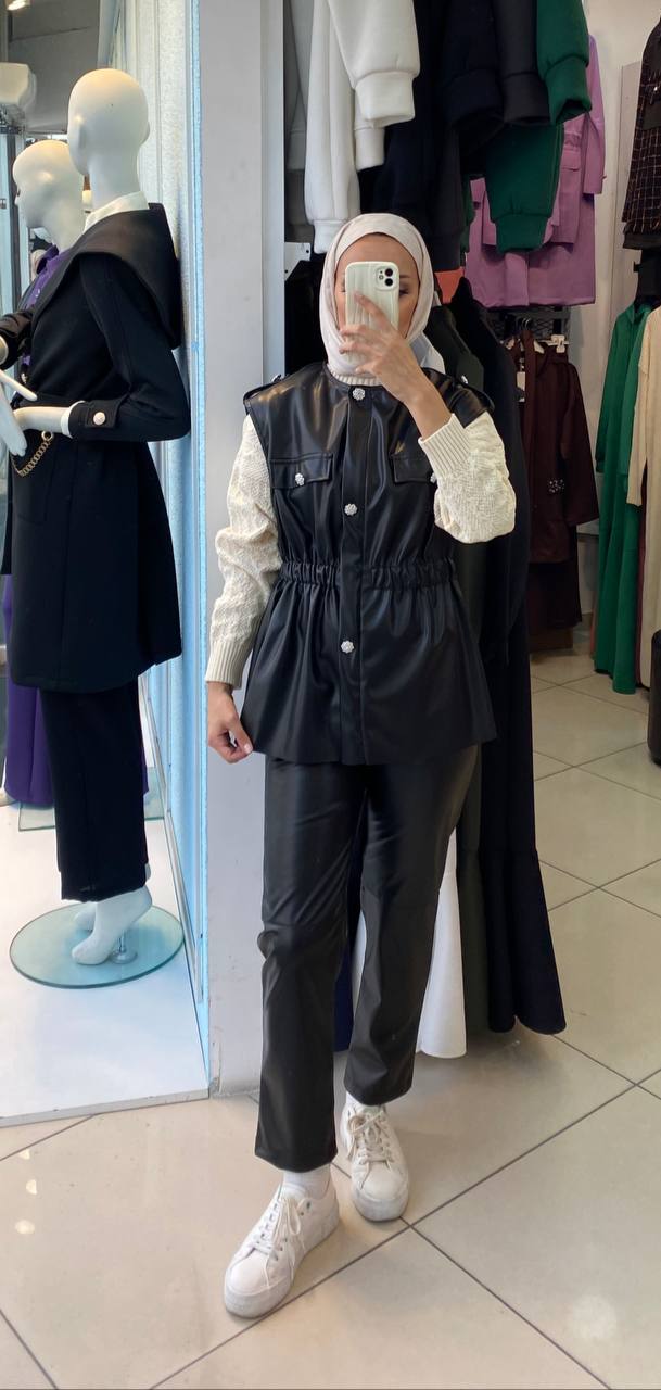 Soft-Touch Faux Leather Modest Vest and Trousers Set