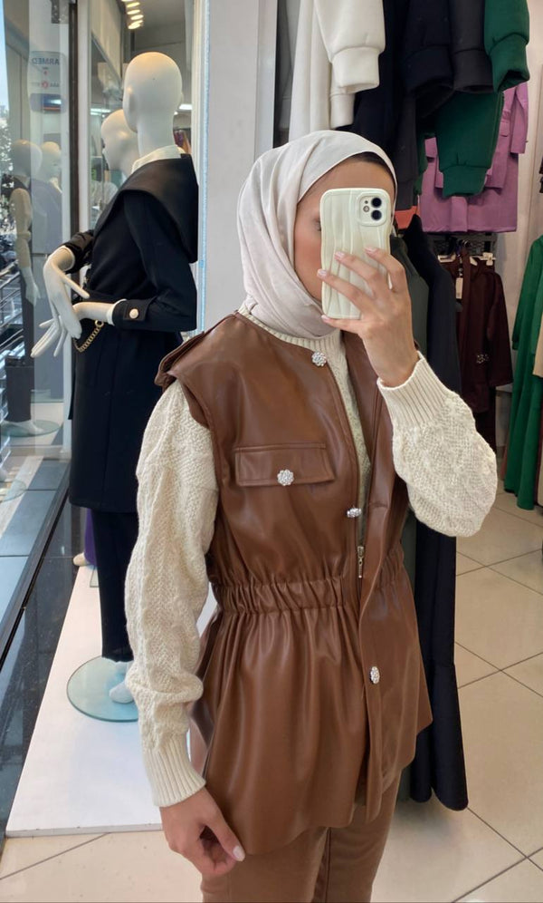 Soft-Touch Faux Leather Modest Vest and Trousers Set