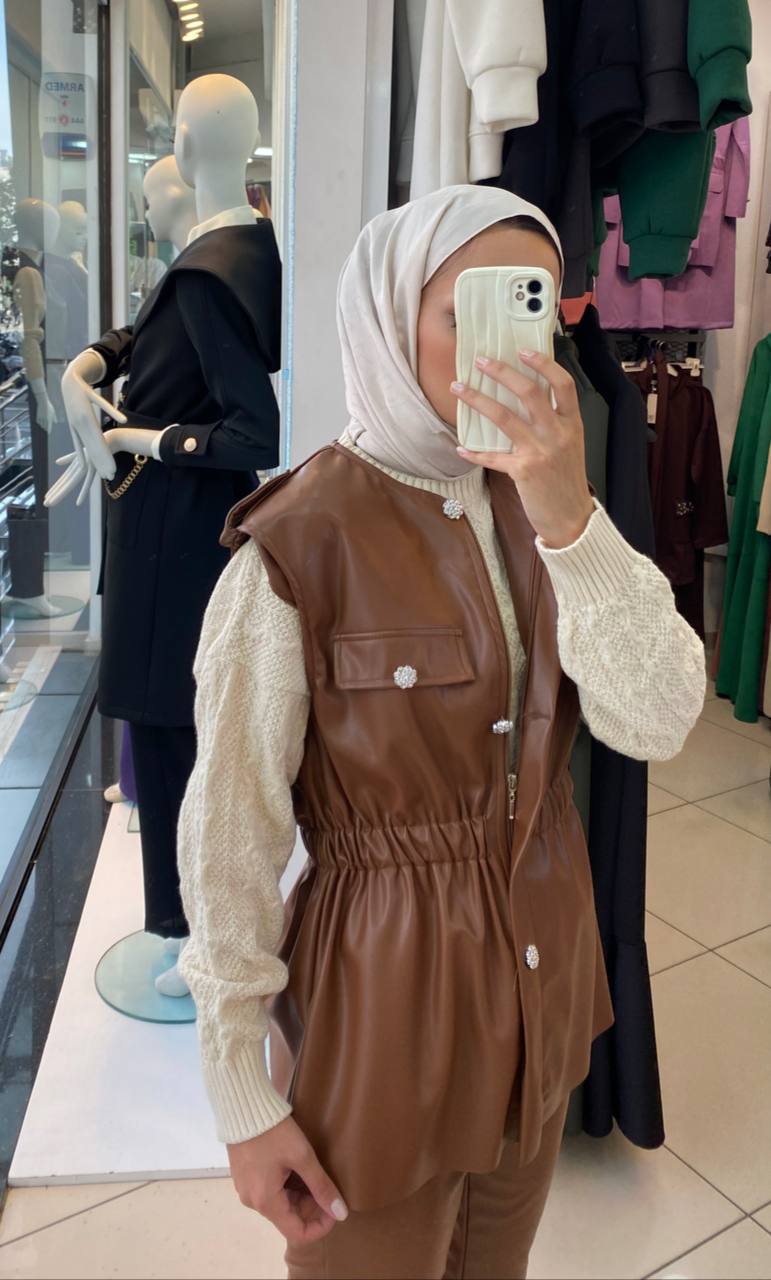 Soft-Touch Faux Leather Modest Vest and Trousers Set