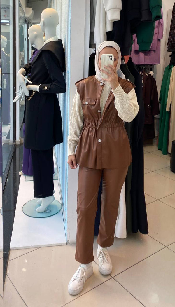 Soft-Touch Faux Leather Modest Vest and Trousers Set