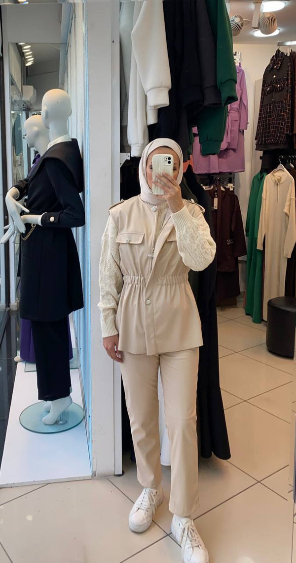 Soft-Touch Faux Leather Modest Vest and Trousers Set