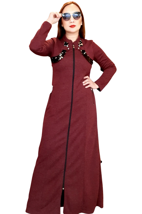 Maroon Plain Zippered Abaya