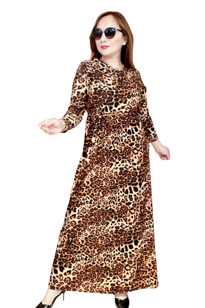 Brown Leopard Belted  Long Dress