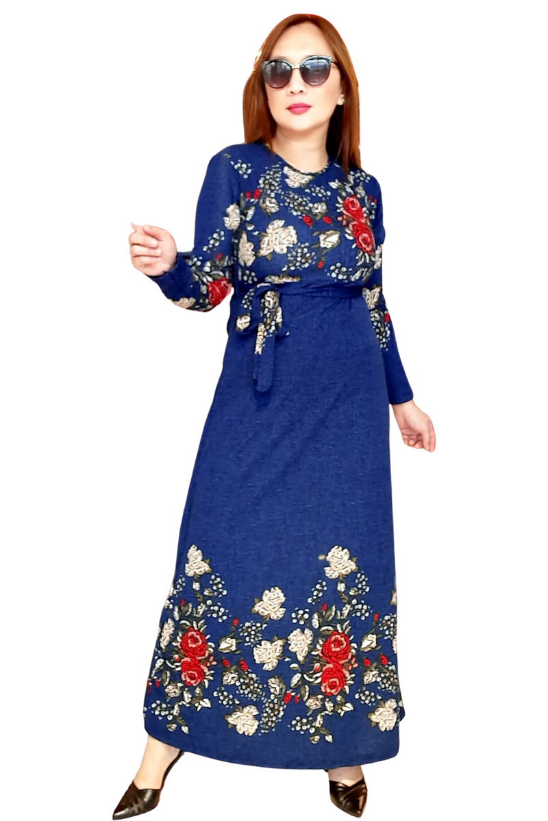 Blue Floral Belted  Long Dress