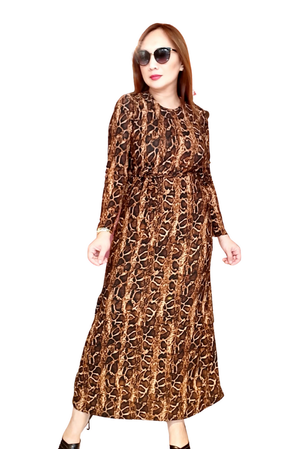 Brown Animal Print Snake Skin Belted  Long Dress