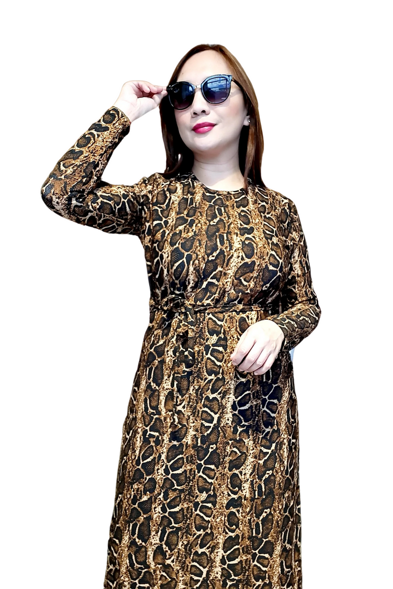 Brown Animal Print Snake Skin Belted  Long Dress