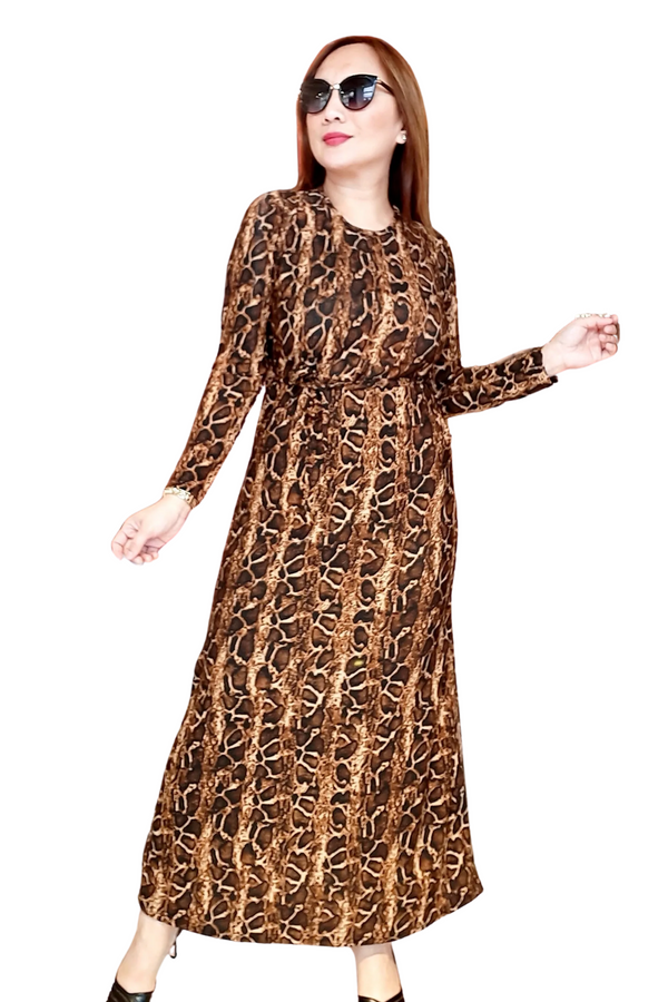 Brown Animal Print Snake Skin Belted  Long Dress