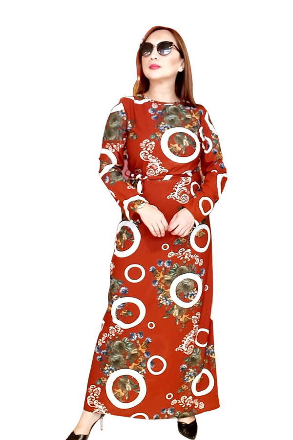 Brown Floral Graphic Belted  Long Dress