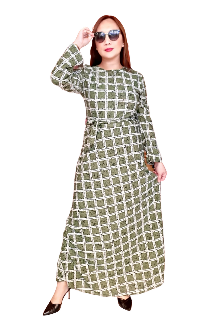 Green Graphic White Square Belted  Long Dress