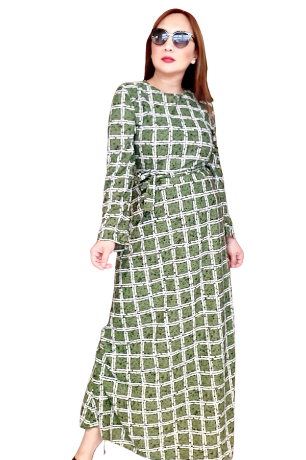 Green Graphic White Square Belted  Long Dress