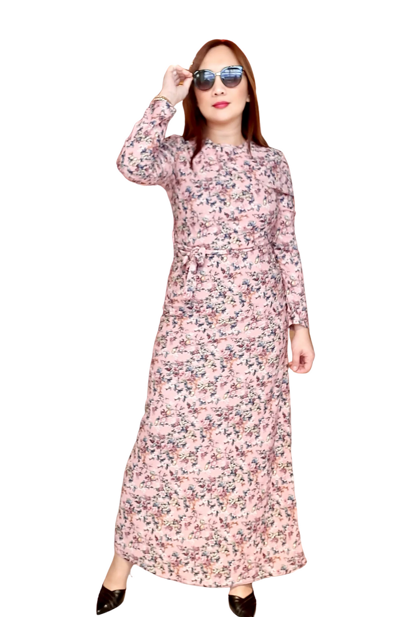 Pink Ditsy Floral Belted  Long Dress