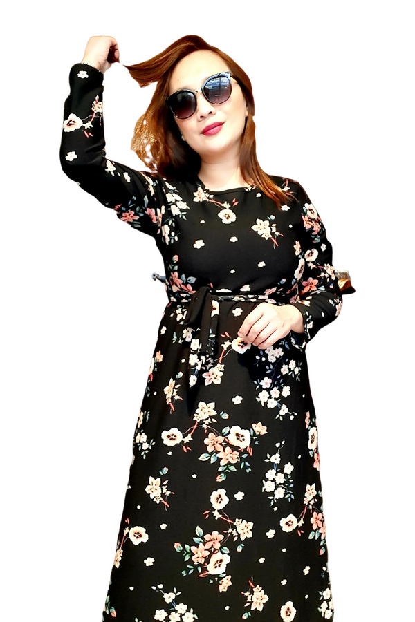 Black Floral Belted  Long Dress