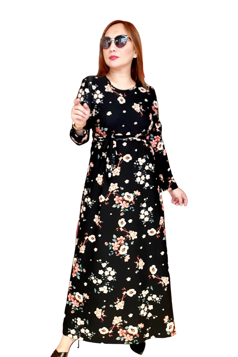 Black Floral Belted  Long Dress
