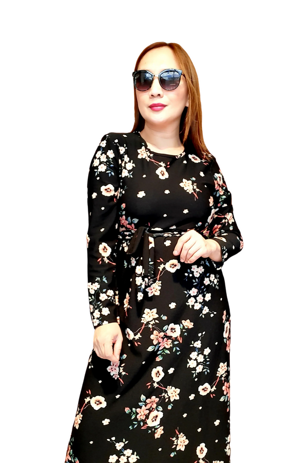 Black Floral Belted  Long Dress