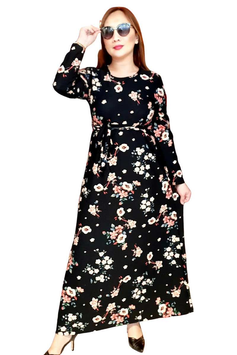 Black Floral Belted  Long Dress