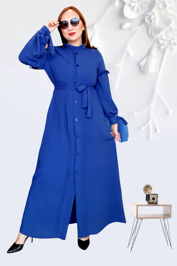 Blue Plain Belted Long Dress
