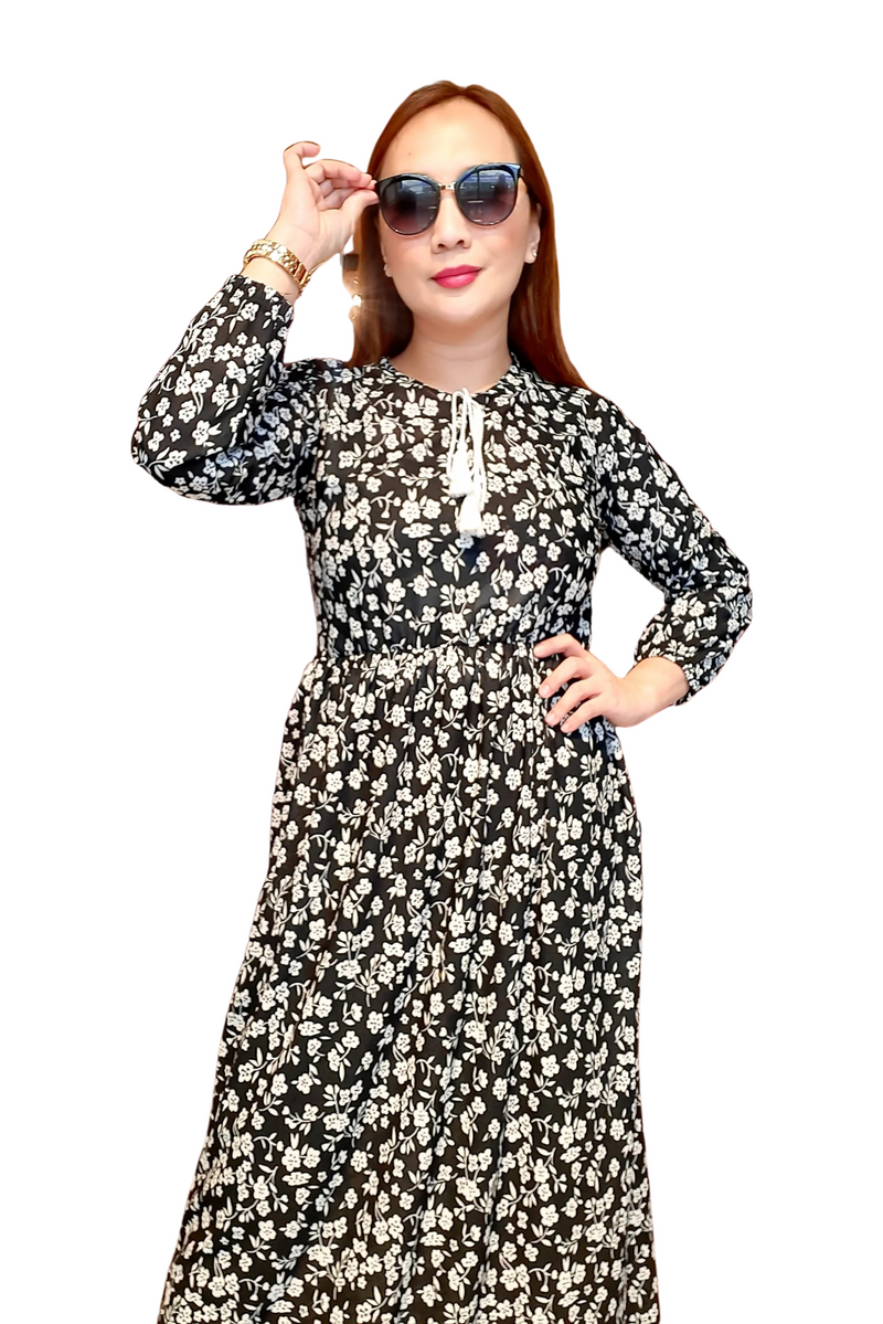 Black with White Floral Long Dress