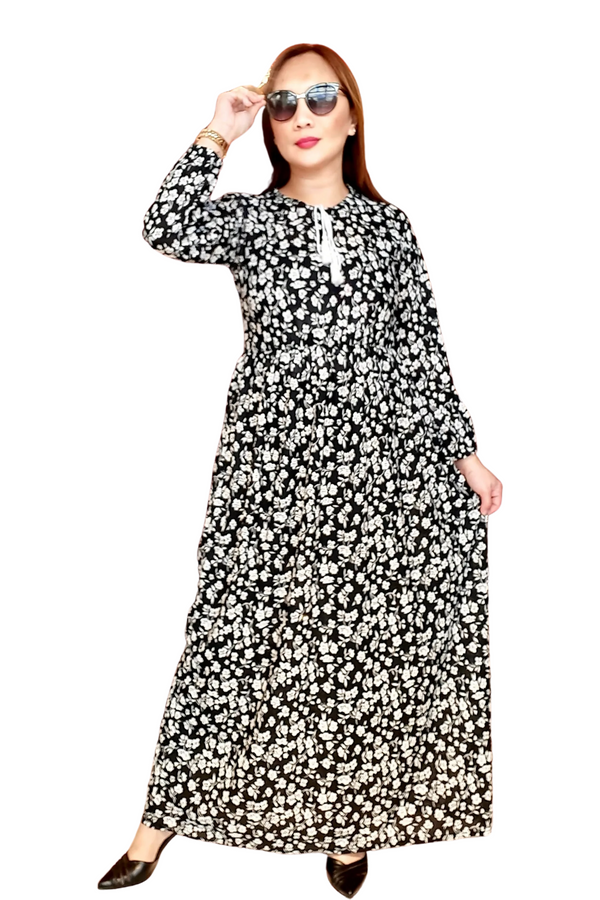 Black with White Floral Long Dress