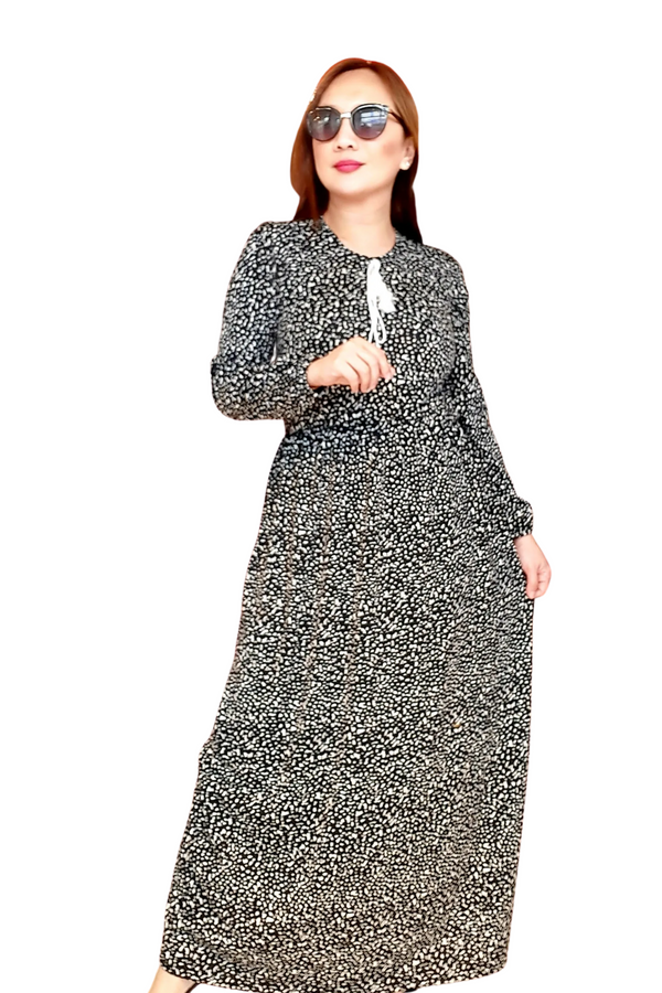 Black with White Small Splash Print Long Dress