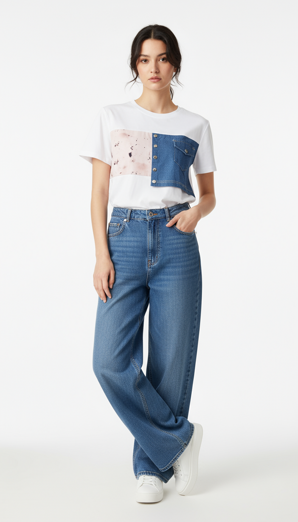The Denim Patchwork Tee & Wide-Leg Jeans