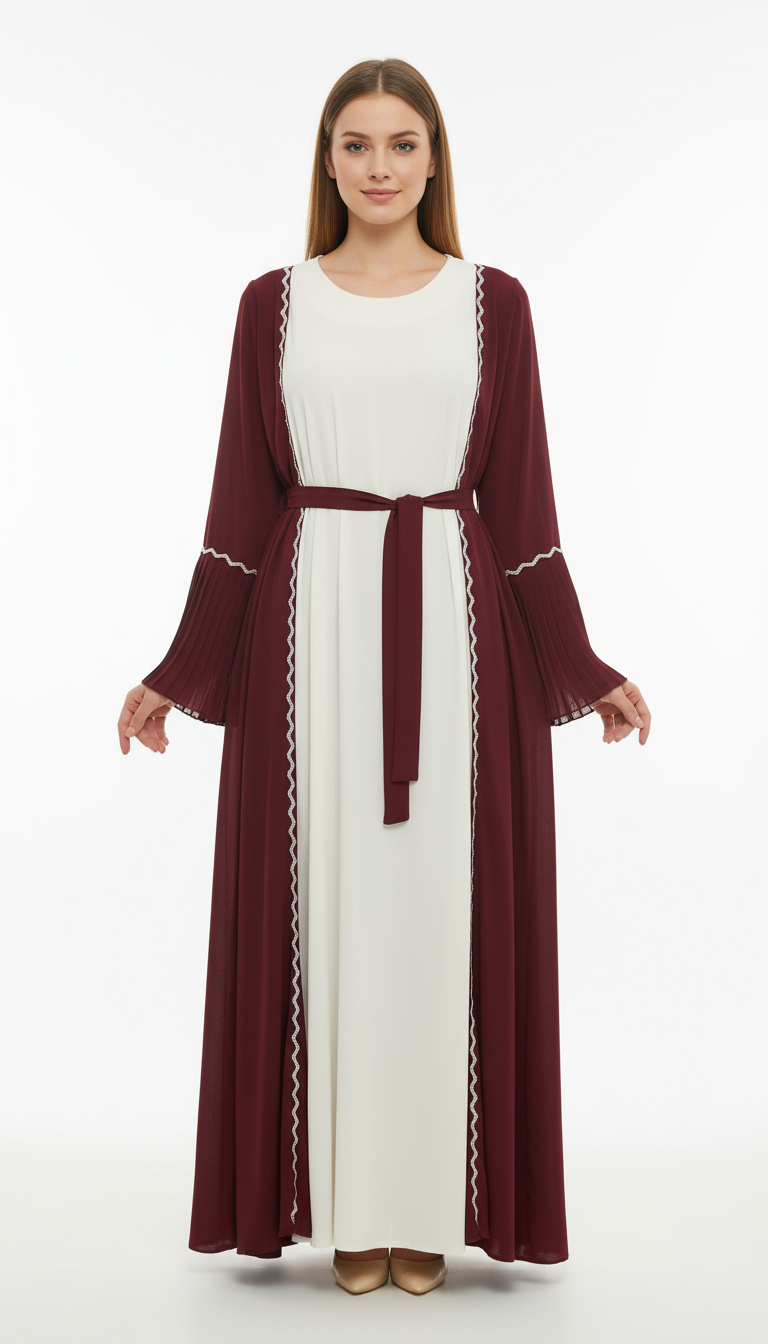 Two-Tone Contrast Pleated Sleeve Abaya Dress