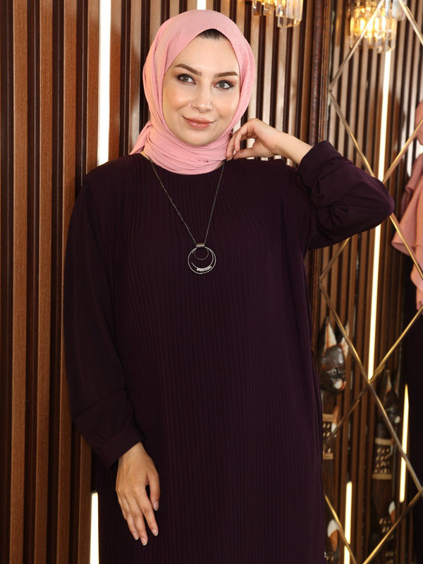 Purple Plain Pleated Long Dress Abaya